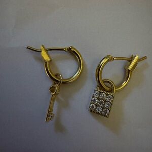 Gold Hoop Earrings with Key and Crystal Lock Charm